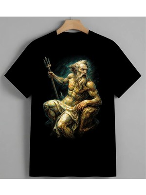 Poseidon Tanri Altin Heykeli Unisex Erkek Kadın Oversize Tişört Siyah