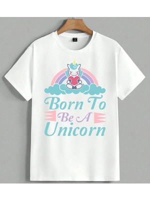 Unicorn Goksek Pembe Mavi Unisex Oversize Tişört Beyaz