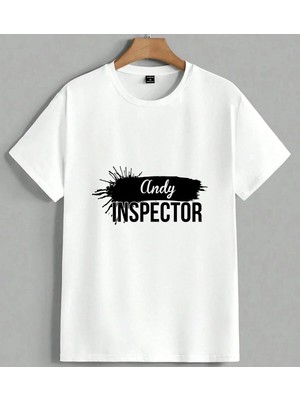 Andy Inspector Siyah Fircali Unisex Oversize Tişört Beyaz