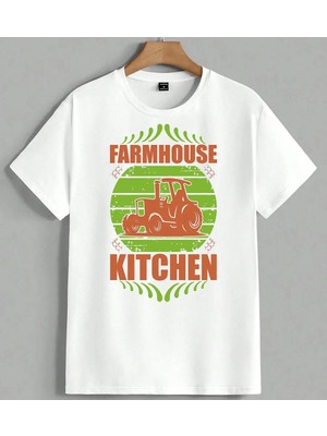 Farmhouse Kitchen Traktor 2 Unisex Oversize Tişört Beyaz