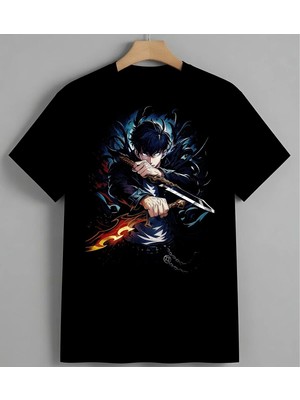 Anime Karakter Mavi Sac Ates Baskılı Unisex Erkek Kadın Oversize Tişört Siyah