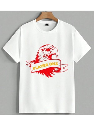 Player One Kartal Logo Kirmizi Unisex Oversize Tişört Beyaz