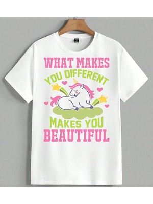 Unicorn Motivasyon Farkli Unisex Oversize Tişört Beyaz