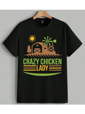 Crazy Chicken Lady Ciftlik Baskılı Unisex Erkek Kadın Oversize Tişört Siyah