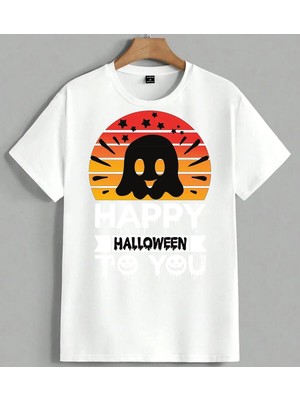 Halloween Hayalet Siyah Unisex Oversize Tişört Beyaz