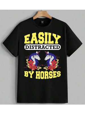 Easily Horses Unicorn Desenli Baskılı Unisex Erkek Kadın Oversize Tişört Siyah