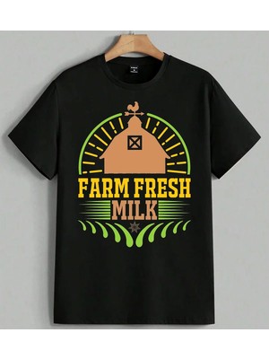 Farm Fresh Sut Urunleri Koy Baskılı Unisex Erkek Kadın Oversize Tişört Siyah