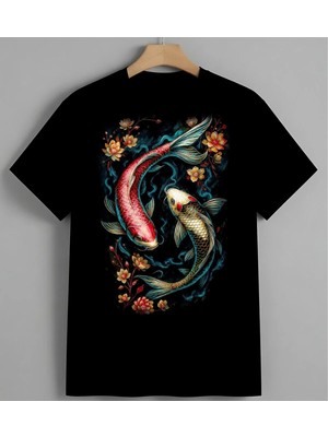 Koi Baligi Cicekerli Sanat Unisex Erkek Kadın Oversize Tişört Siyah