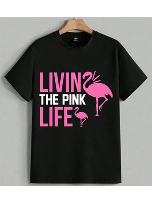 Livin Life Flamingo Pembe Baskılı Unisex Erkek Kadın Oversize Tişört Siyah