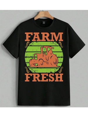 Farm Fresh Traktor Yesil Baskılı Unisex Erkek Kadın Oversize Tişört Siyah