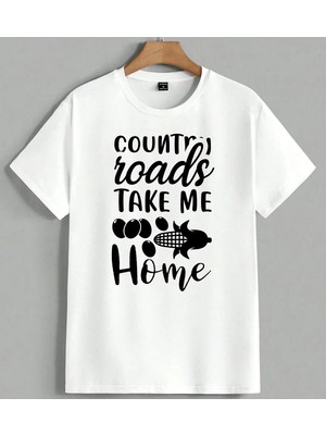 Country Roads Ev Dekorasyonu Unisex Oversize Tişört Beyaz