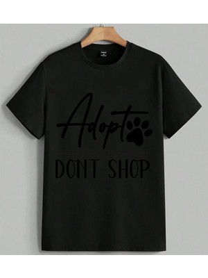 Adopt Shop Hayvan Baskılı Unisex Erkek Kadın Oversize Tişört Siyah