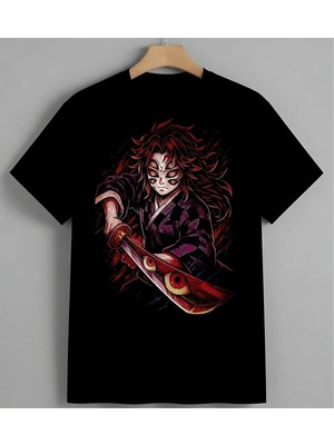 Anime Demon Kizil Samuray Baskılı Unisex Erkek Kadın Oversize Tişört Siyah