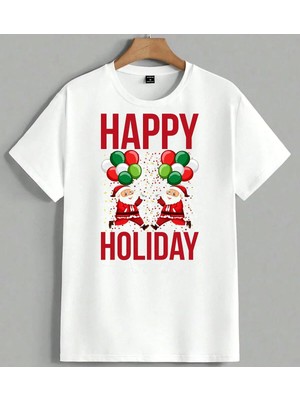 Happy Holiday Noel Baba Unisex Oversize Tişört Beyaz