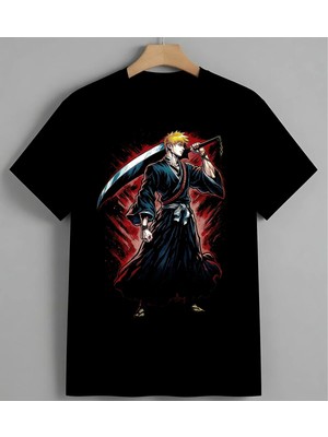Anime Karakter Kirmizi Beyaz Baskılı Unisex Erkek Kadın Oversize Tişört Siyah