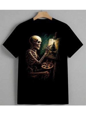 Iskelet Ressam Sanat Syh Unisex Erkek Kadın Oversize Tişört Siyah