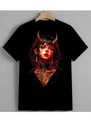 Seytan Kizi Kirmizi Sanat Baskılı Unisex Erkek Kadın Oversize Tişört Siyah