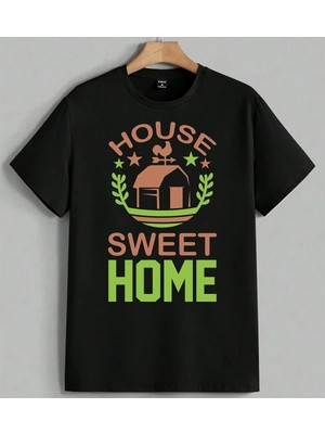 House Sweet Home Ev Baskılı Unisex Erkek Kadın Oversize Tişört Siyah