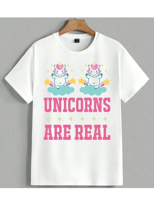 Unicorns Are Real Pembe Unisex Oversize Tişört Beyaz