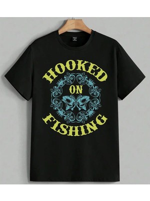 Hokkery On Fishing Balik Baskılı Unisex Erkek Kadın Oversize Tişört Siyah