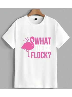 Flamingo What Flock Pembe Yazi Unisex Oversize Tişört Beyaz