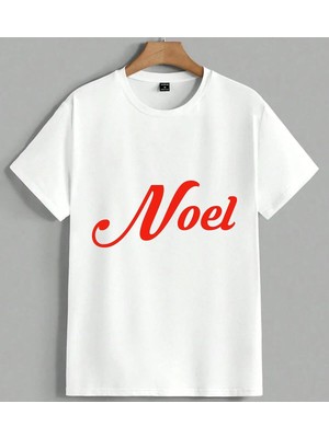 Noel Kirmizi Yazi Logo Unisex Oversize Tişört Beyaz