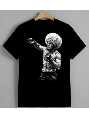 Boks Spor Afro Sac Cizim Syh Unisex Erkek Kadın Oversize Tişört Siyah