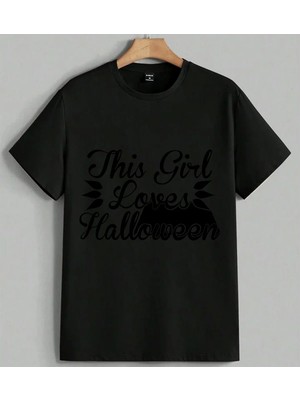 This Girl Loves Halloween Baskılı Unisex Erkek Kadın Oversize Tişört Siyah