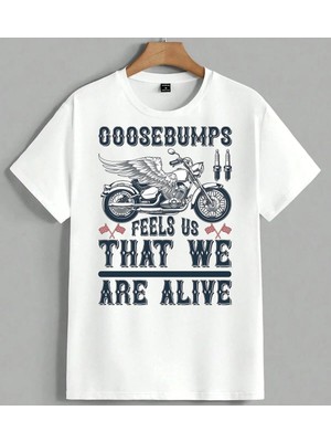 Goosebumps Motosiklet Vintage Unisex Oversize Tişört Beyaz