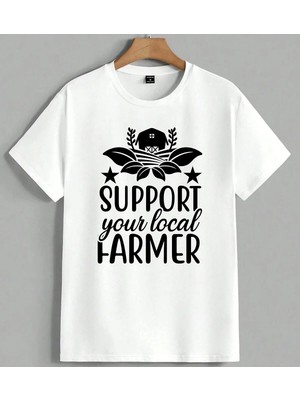 Yerel Ciftci Support Farmer Unisex Oversize Tişört Beyaz