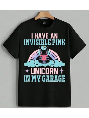 Invisible Pink Unicorn Baskılı Unisex Erkek Kadın Oversize Tişört Siyah