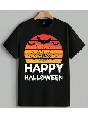 Halloween Bat Gunes Batisi Baskılı Unisex Erkek Kadın Oversize Tişört Siyah