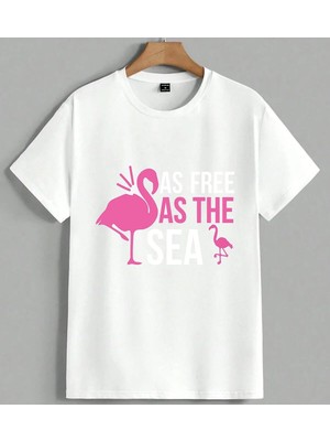 Flamingo Pembe Tasarim Komik Unisex Oversize Tişört Beyaz