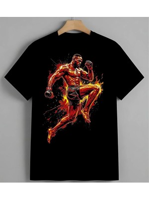 Bokscu Ates Spor Ilustrasyon Syh Unisex Erkek Kadın Oversize Tişört Siyah