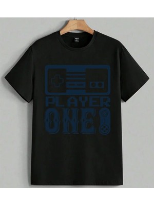 Player One Oyun Kumandasi Baskılı Unisex Erkek Kadın Oversize Tişört Siyah