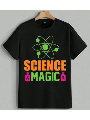 Science Magic Atom Ilustrasyon Baskılı Unisex Erkek Kadın Oversize Tişört Siyah