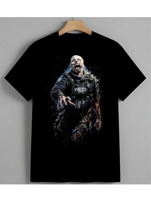 Polis Zombi Korku Sanat Aci Unisex Oversize Tişört Siyah