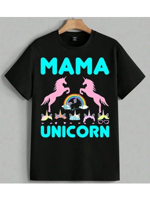 Mama Unicorn Pembe At Baskılı Unisex Erkek Kadın Oversize Tişört Siyah