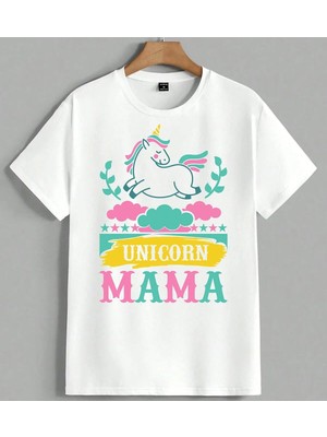 Unicorn Mama Pembe Tirkuaz Unisex Oversize Tişört Beyaz