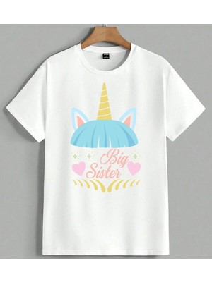 Unicorn Bas Big Sister Pembe Unisex Oversize Tişört Beyaz