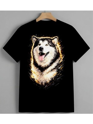 Husky Kopek Sulu Boya Sari Syh Unisex Erkek Kadın Oversize Tişört Siyah