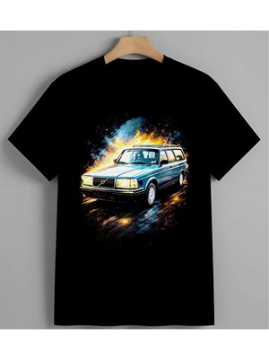 Ates Arabasi Mavi Volvo Baskılı Unisex Erkek Kadın Oversize Tişört Siyah