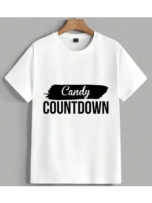 Candy Countdown Siyah Baski Unisex Oversize Tişört Beyaz