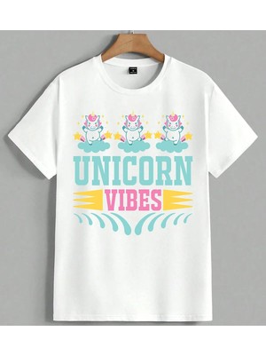 Unicorn Vibes Pembe Yildiz Unisex Oversize Tişört Beyaz