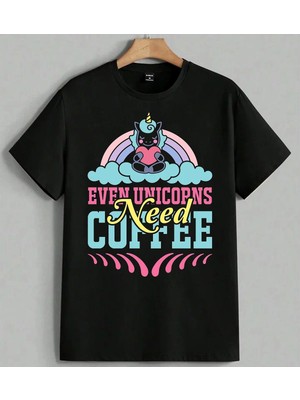 Unicorn Need Kahve Tasarimi Baskılı Unisex Erkek Kadın Oversize Tişört Siyah