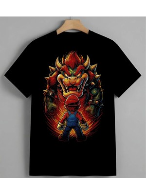 Ates Canavar Kirmizi Baskılı Unisex Erkek Kadın Oversize Tişört Siyah