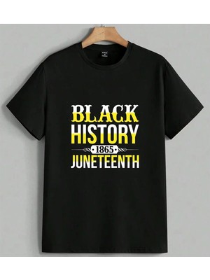 Sari Yazi Juneteenth Kutlama Baskılı Unisex Erkek Kadın Oversize Tişört Siyah