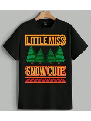 Little Miss Snow Cute Kis Baskılı Unisex Erkek Kadın Oversize Tişört Siyah