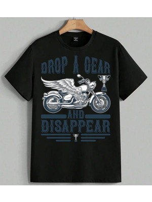 Drop Clear Motosiklet Kanat Baskılı Unisex Erkek Kadın Oversize Tişört Siyah
