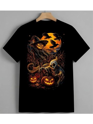 Halloween Fantazi Turuncu Syh Unisex Erkek Kadın Oversize Tişört Siyah